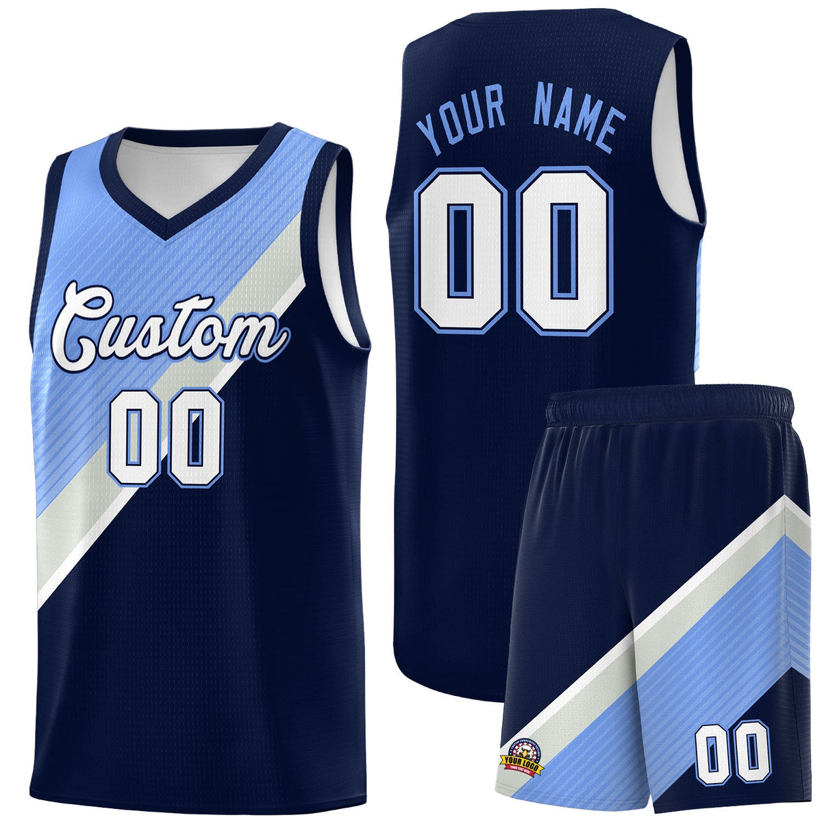 Custom Navy Light Blue Gray Diagonal Stripes Color Block Sets Basketball Jersey | For Men,Perfect for Teams,Perfect for Coaches,Sublimation Printed,For Kid,For Youth | KXKSHOP