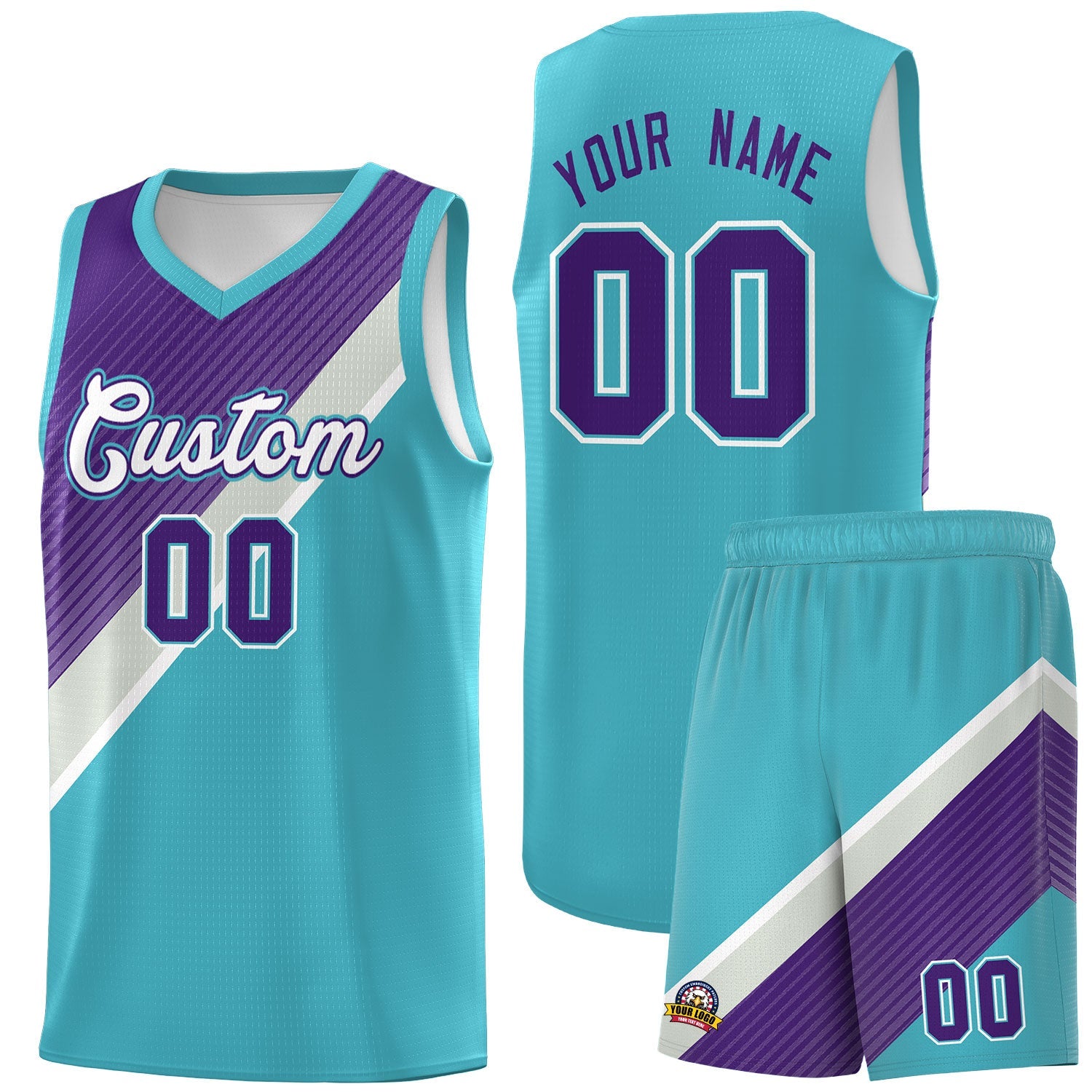 Custom Sky Blue Purple Gray Diagonal Stripes Color Block Sets Basketball Jersey | For Men,Perfect for Teams,Perfect for Coaches,Sublimation Printed,For Kid,For Youth | KXKSHOP