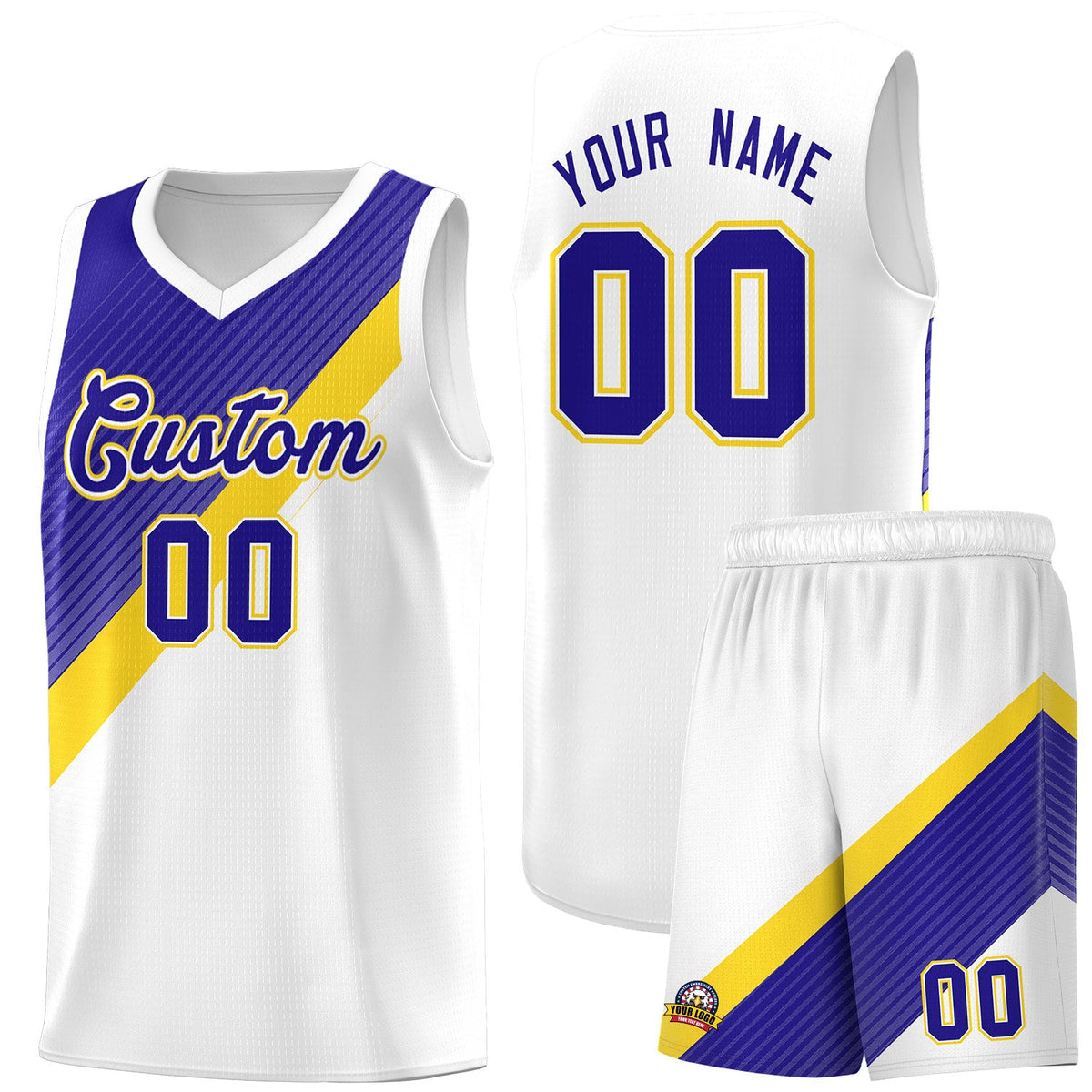 Custom White Royal Diagonal Stripes Color Block Sets Basketball Jersey | For Men,Perfect for Teams,Perfect for Coaches,Sublimation Printed,For Kid,For Youth | KXKSHOP