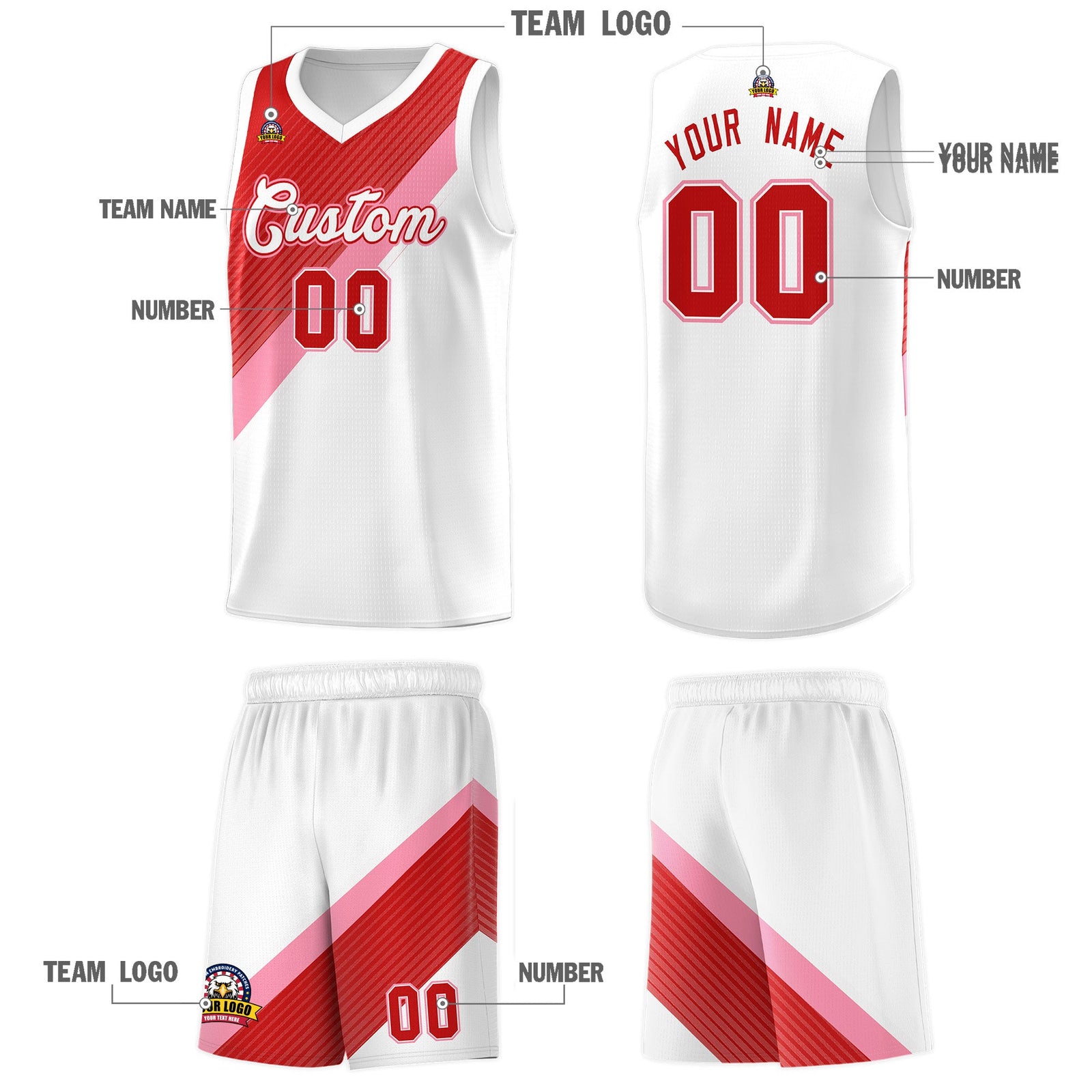 Custom White Red Light Pink Diagonal Stripes Color Block Sets Basketball Jersey | For Men,Perfect for Teams,Perfect for Coaches,Sublimation Printed,For Kid,For Youth | KXKSHOP