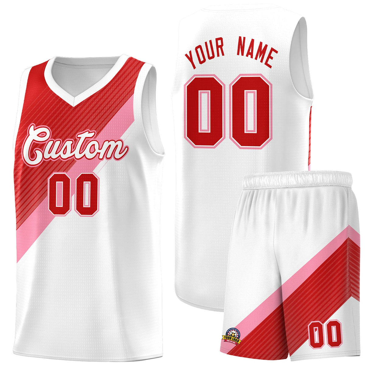 Custom White Red Light Pink Diagonal Stripes Color Block Sets Basketball Jersey | For Men,Perfect for Teams,Perfect for Coaches,Sublimation Printed,For Kid,For Youth | KXKSHOP