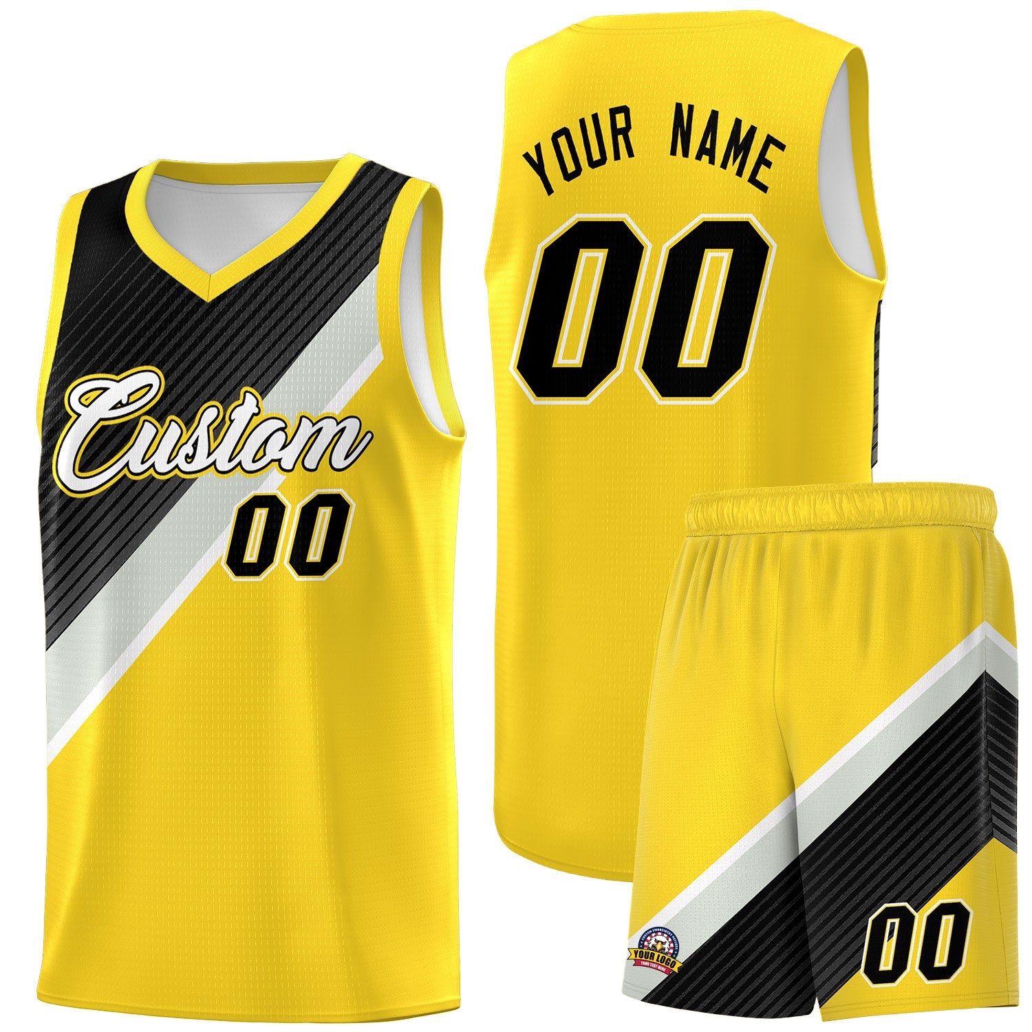 Custom Gold Black Gray Diagonal Stripes Color Block Sets Basketball Jersey | For Men,Perfect for Teams,Perfect for Coaches,Sublimation Printed,For Kid,For Youth | KXKSHOP