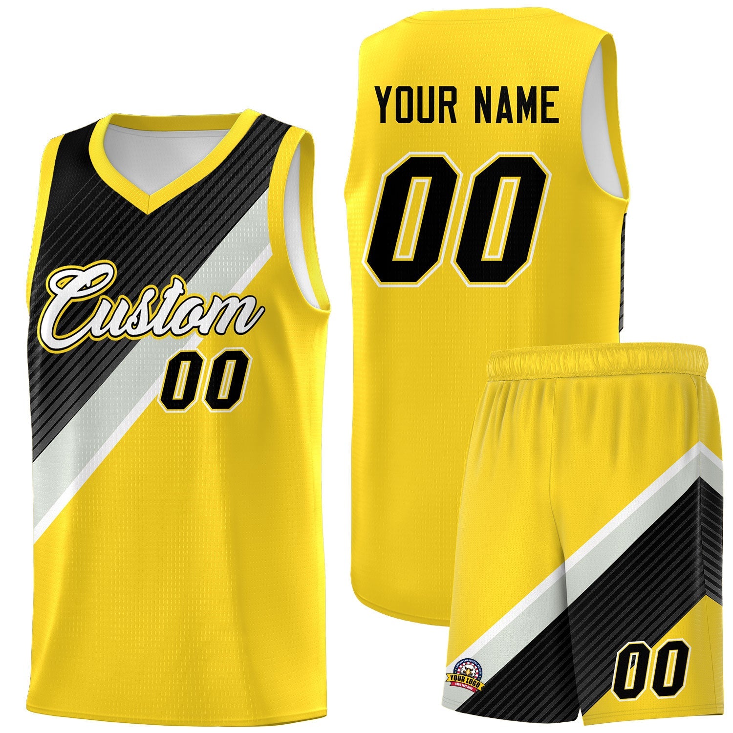 Custom Gold Black Gray Diagonal Stripes Color Block Sets Basketball Jersey | For Men,Perfect for Teams,Perfect for Coaches,Sublimation Printed,For Kid,For Youth | KXKSHOP