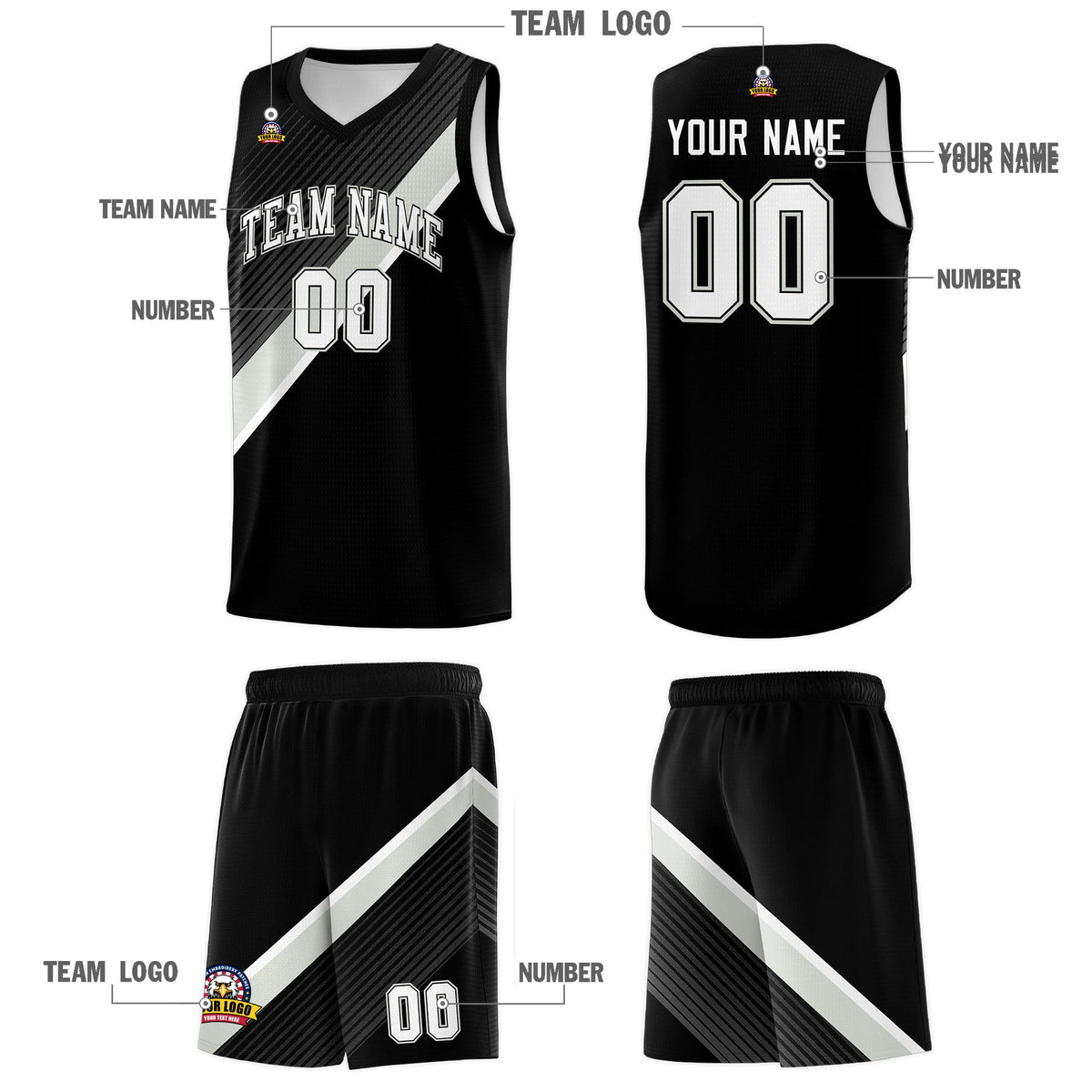 Custom Black Gray White Diagonal Stripes Color Block Sets Basketball Jersey | For Men,Perfect for Teams,Perfect for Coaches,Sublimation Printed,For Kid,For Youth | KXKSHOP