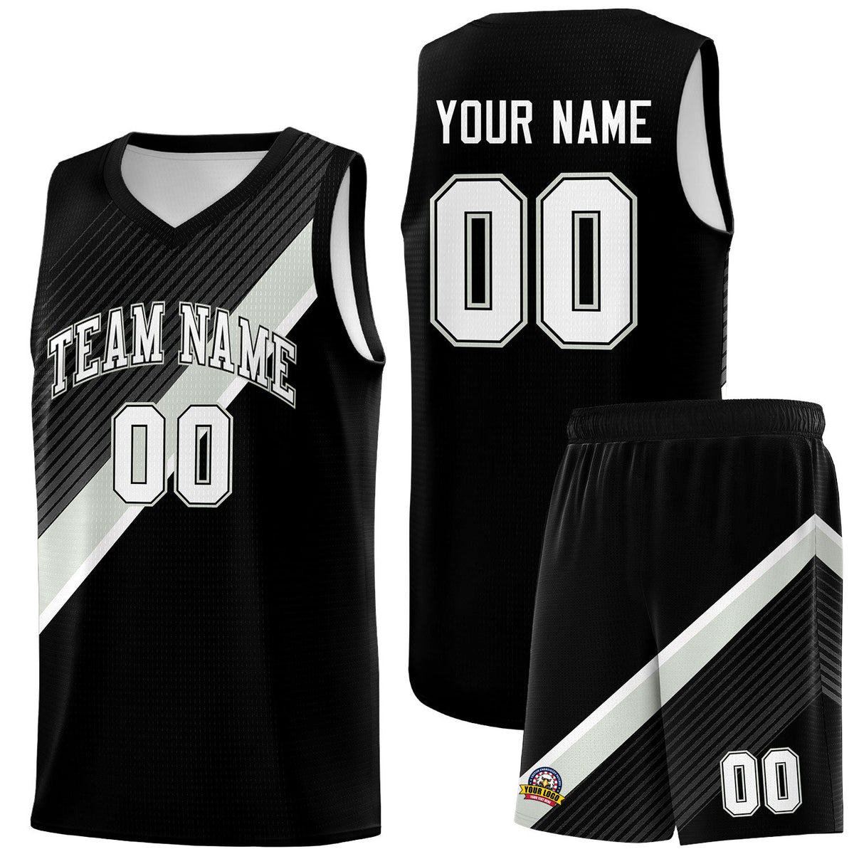 Custom Black Gray White Diagonal Stripes Color Block Sets Basketball Jersey | For Men,Perfect for Teams,Perfect for Coaches,Sublimation Printed,For Kid,For Youth | KXKSHOP