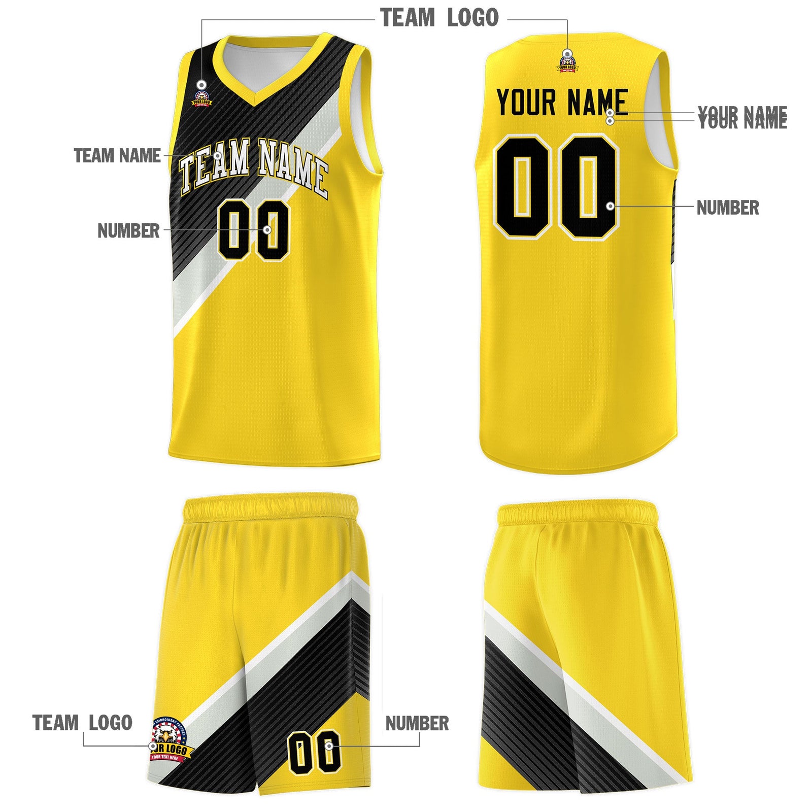 Custom Gold Black Gray Diagonal Stripes Color Block Sets Basketball Jersey | For Men,Perfect for Teams,Perfect for Coaches,Sublimation Printed,For Kid,For Youth | KXKSHOP