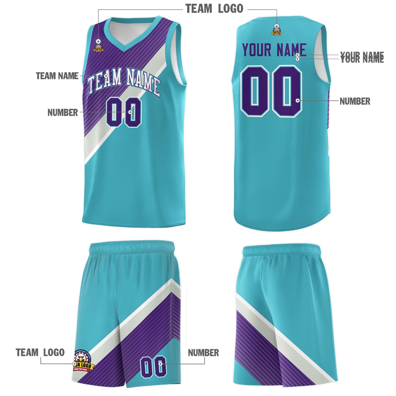 Custom Sky Blue Purple Gray Diagonal Stripes Color Block Sets Basketball Jersey | For Men,Perfect for Teams,Perfect for Coaches,Sublimation Printed,For Kid,For Youth | KXKSHOP