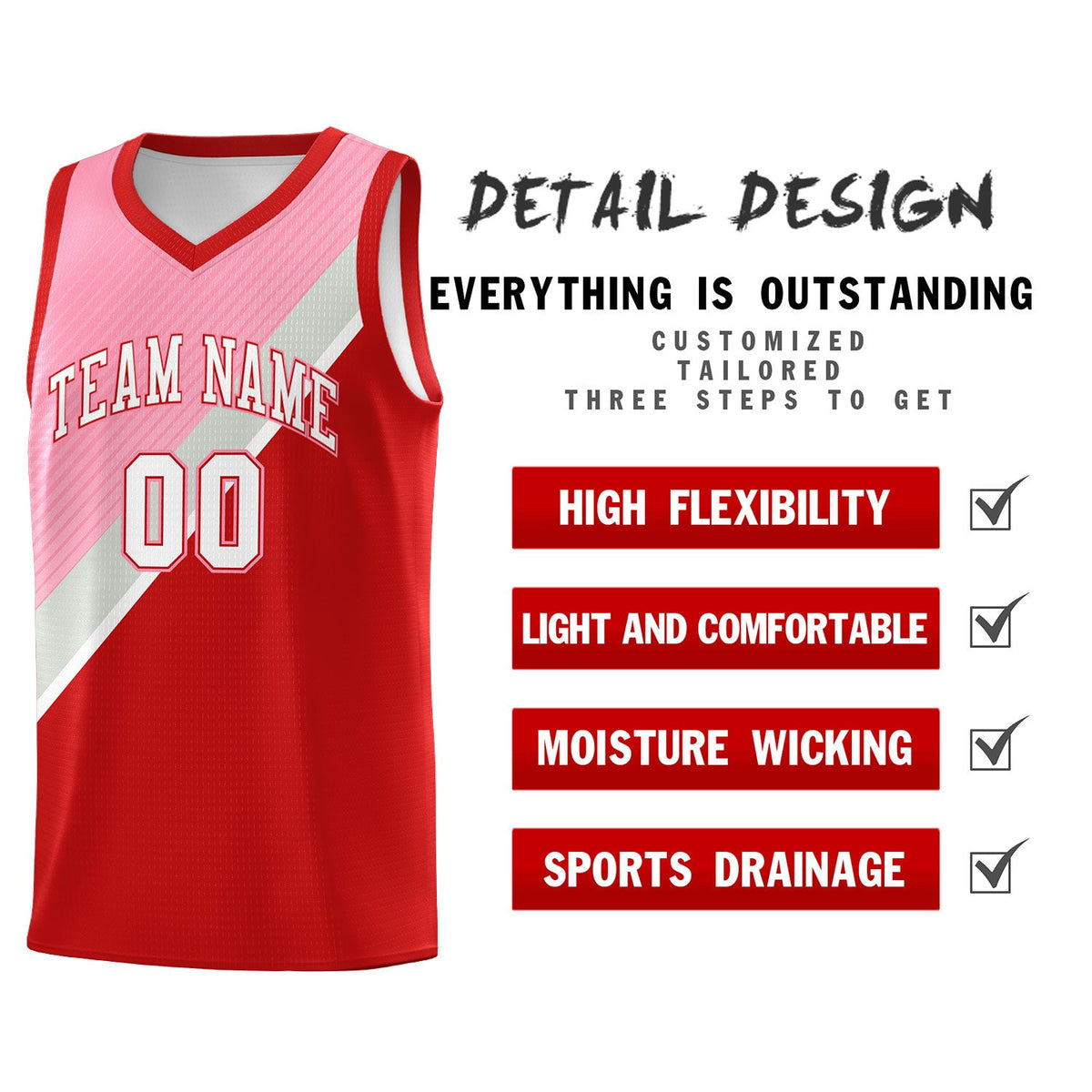 Custom Red Light Pink Gray Diagonal Stripes Color Block Sets Basketball Jersey | For Men,Perfect for Teams,Perfect for Coaches,Sublimation Printed,For Kid,For Youth | KXKSHOP