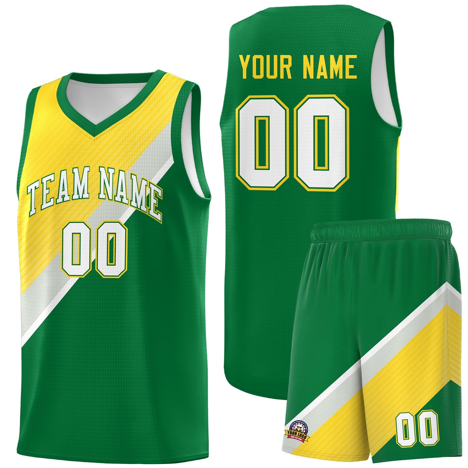 Custom Kelly Green Gray Diagonal Stripes Color Block Sets Basketball Jersey | For Men,Perfect for Teams,Perfect for Coaches,Sublimation Printed,For Kid,For Youth | KXKSHOP