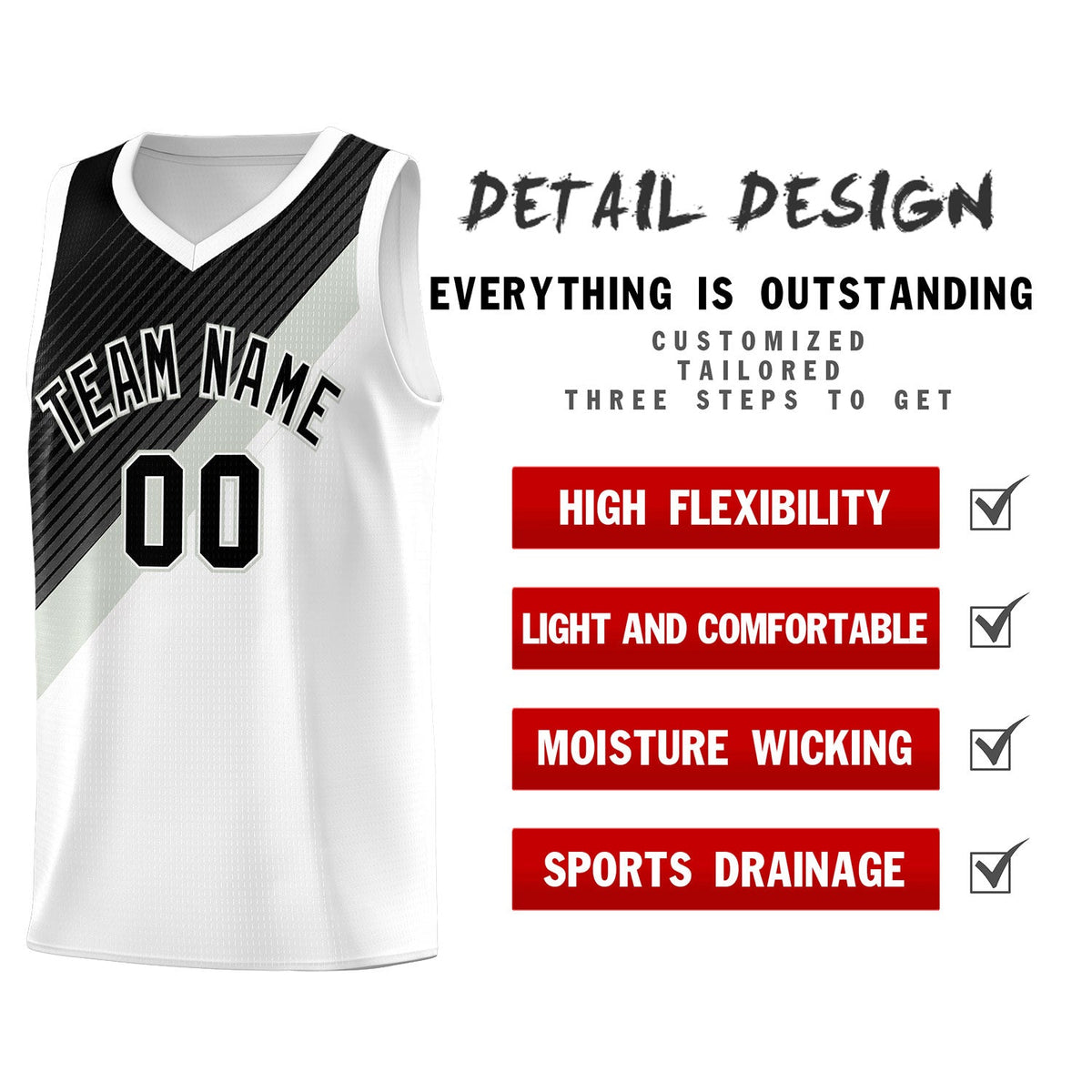Custom White Black Gray Diagonal Stripes Color Block Sets Basketball Jersey | For Men,Perfect for Teams,Perfect for Coaches,Sublimation Printed,For Kid,For Youth | KXKSHOP