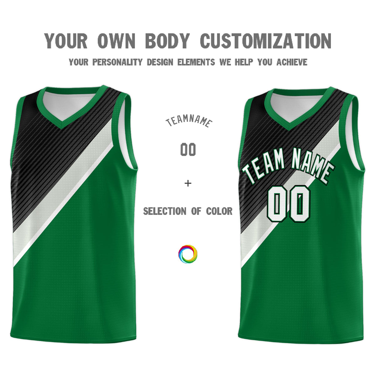 Custom Kelly Green Black Gray Diagonal Stripes Color Block Sets Basketball Jersey | For Men,Perfect for Teams,Perfect for Coaches,Sublimation Printed,For Kid,For Youth | KXKSHOP