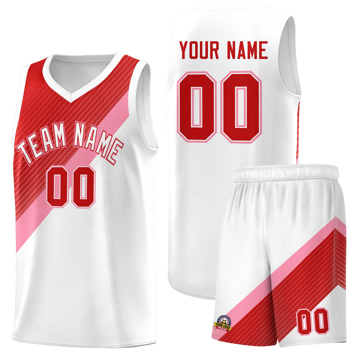Custom White Red Light Pink Diagonal Stripes Color Block Sets Basketball Jersey | For Men,Perfect for Teams,Perfect for Coaches,Sublimation Printed,For Kid,For Youth | KXKSHOP