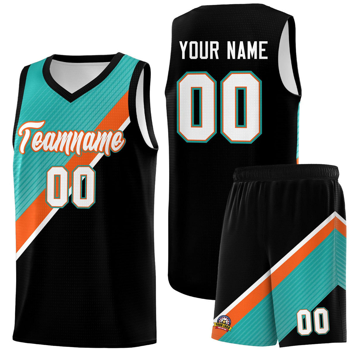 Custom Aqua Orange Black Diagonal Stripes Color Block Sets Basketball Jersey | For Men,Perfect for Teams,Perfect for Coaches,Sublimation Printed,For Kid,For Youth | KXKSHOP