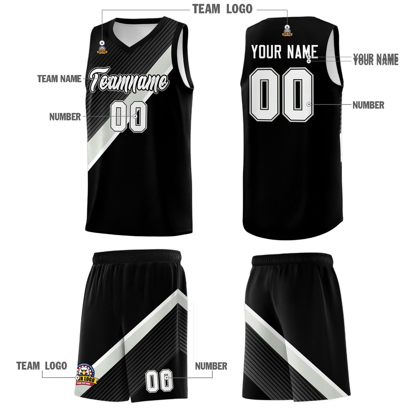 Custom Black Gray White Diagonal Stripes Color Block Sets Basketball Jersey | For Men,Perfect for Teams,Perfect for Coaches,Sublimation Printed,For Kid,For Youth | KXKSHOP