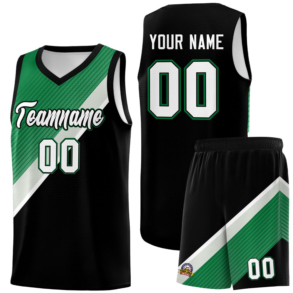 Custom Black Kelly Green Gray Diagonal Stripes Color Block Sets Basketball Jersey | For Men,Perfect for Teams,Perfect for Coaches,Sublimation Printed,For Kid,For Youth | KXKSHOP