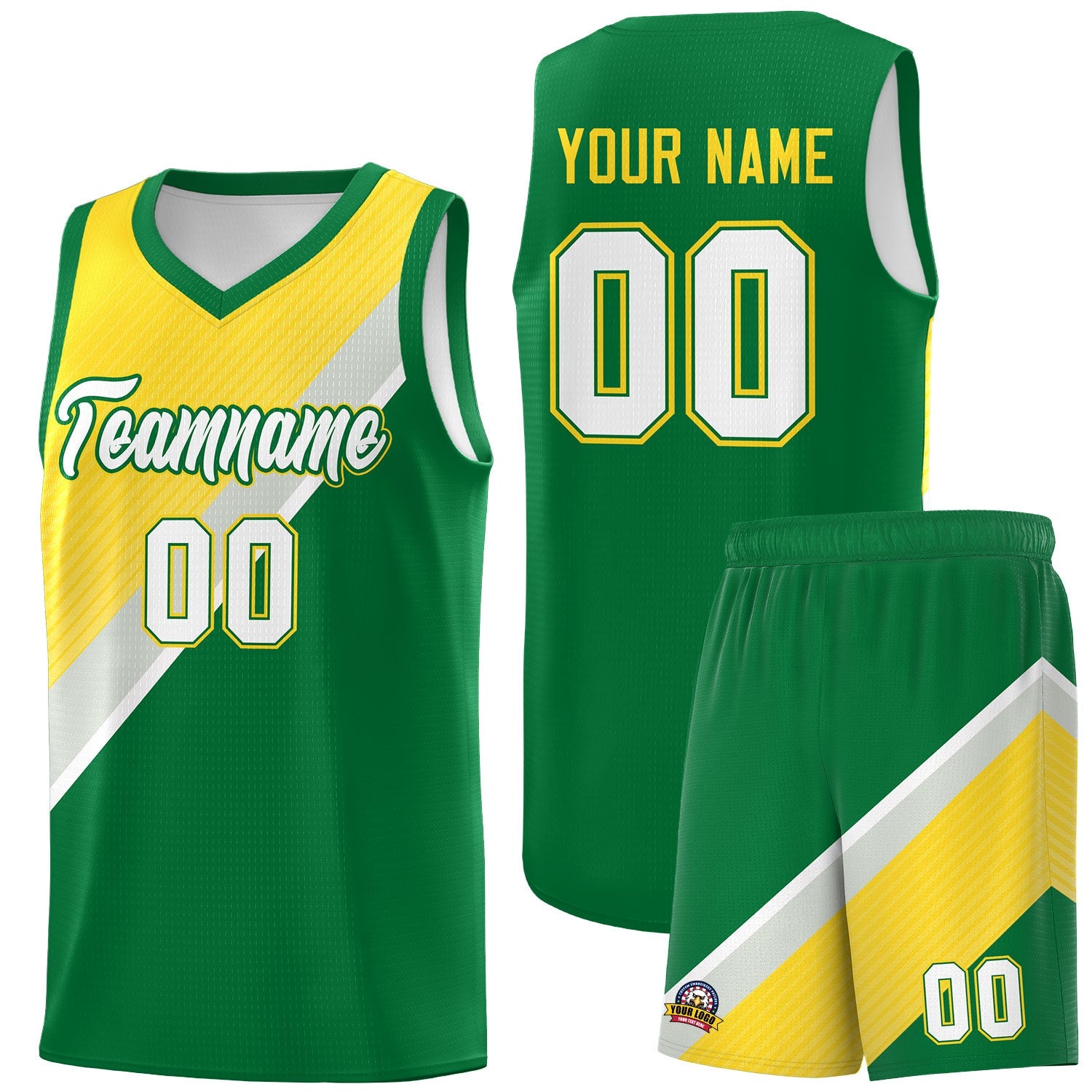 Custom Kelly Green Gray Diagonal Stripes Color Block Sets Basketball Jersey | For Men,Perfect for Teams,Perfect for Coaches,Sublimation Printed,For Kid,For Youth | KXKSHOP