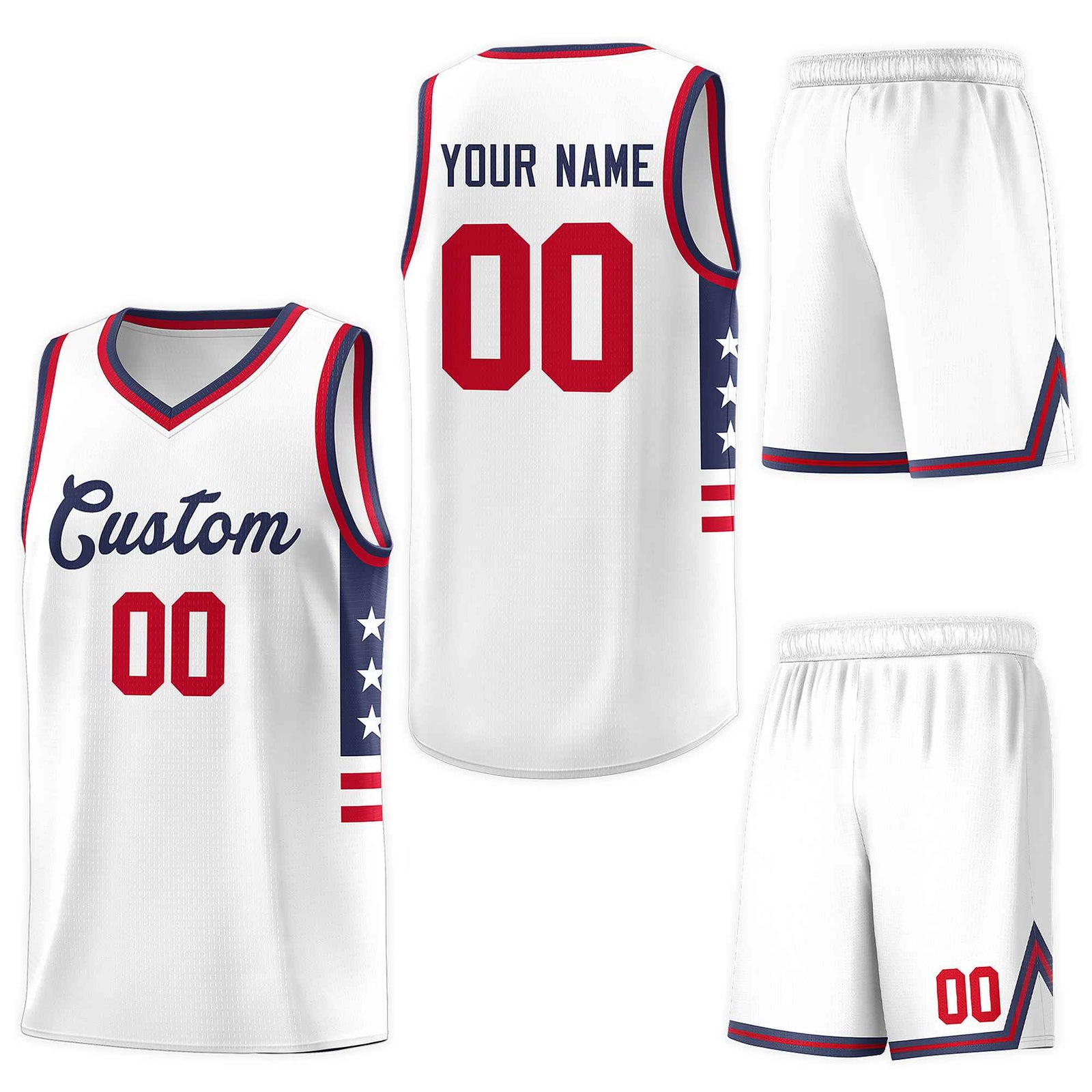 Custom White Navy-Red Personalized Star Pattern Sports Uniform Basketball Jersey