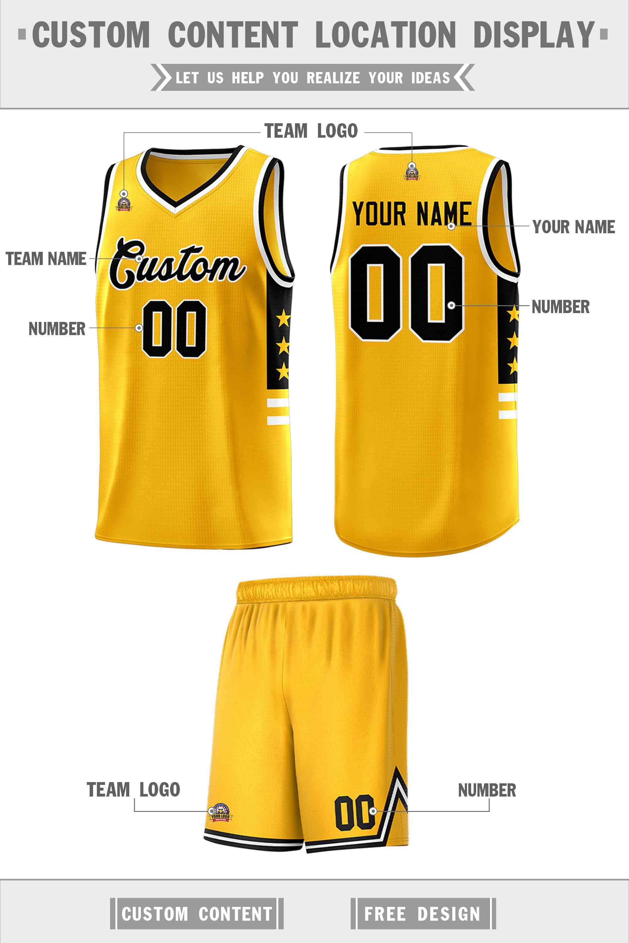 Custom Yellow Black-White Personalized Star Pattern Sports Uniform Basketball Jersey