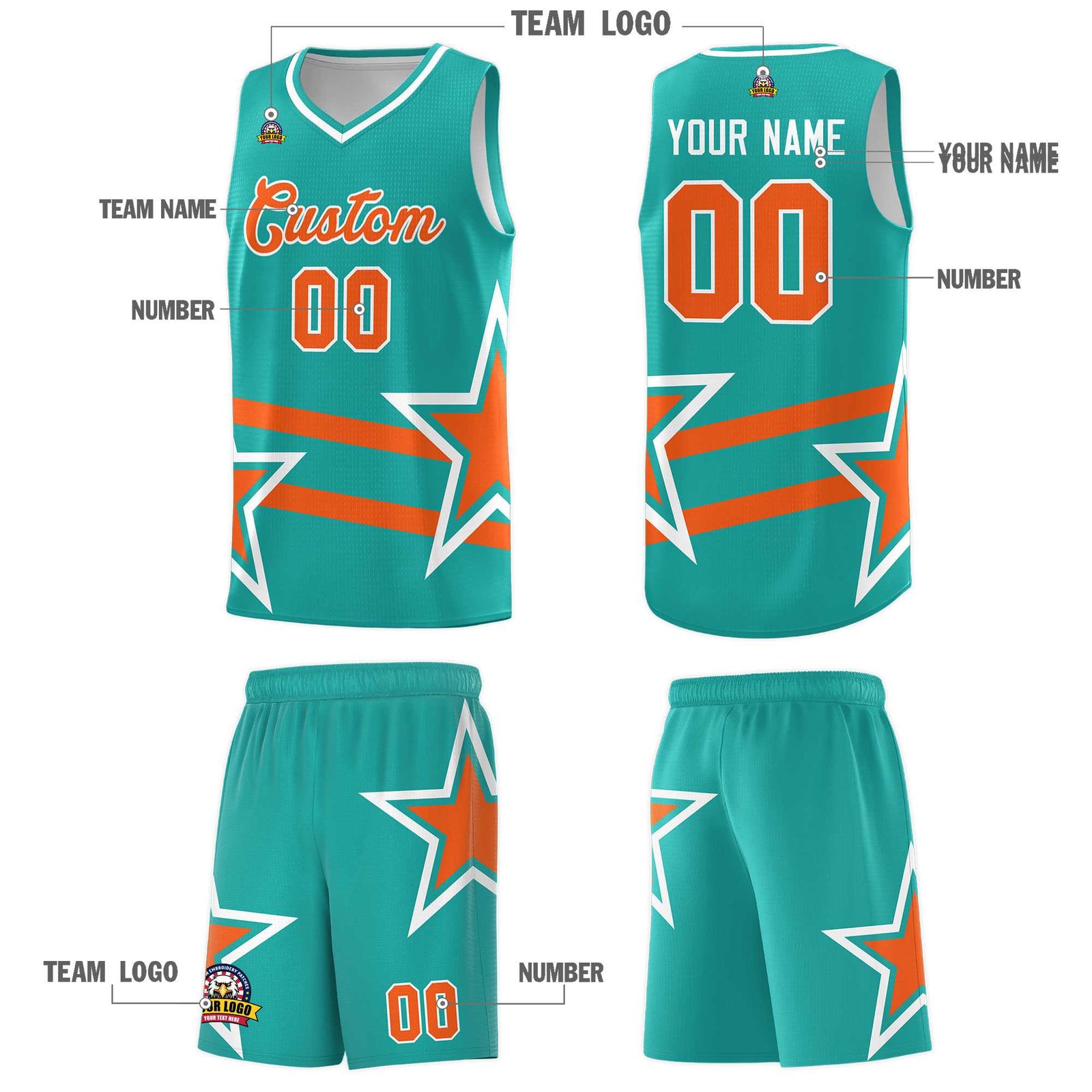 Custom Aqua Basketball Kits With Orange Star Pattern And Double Lines