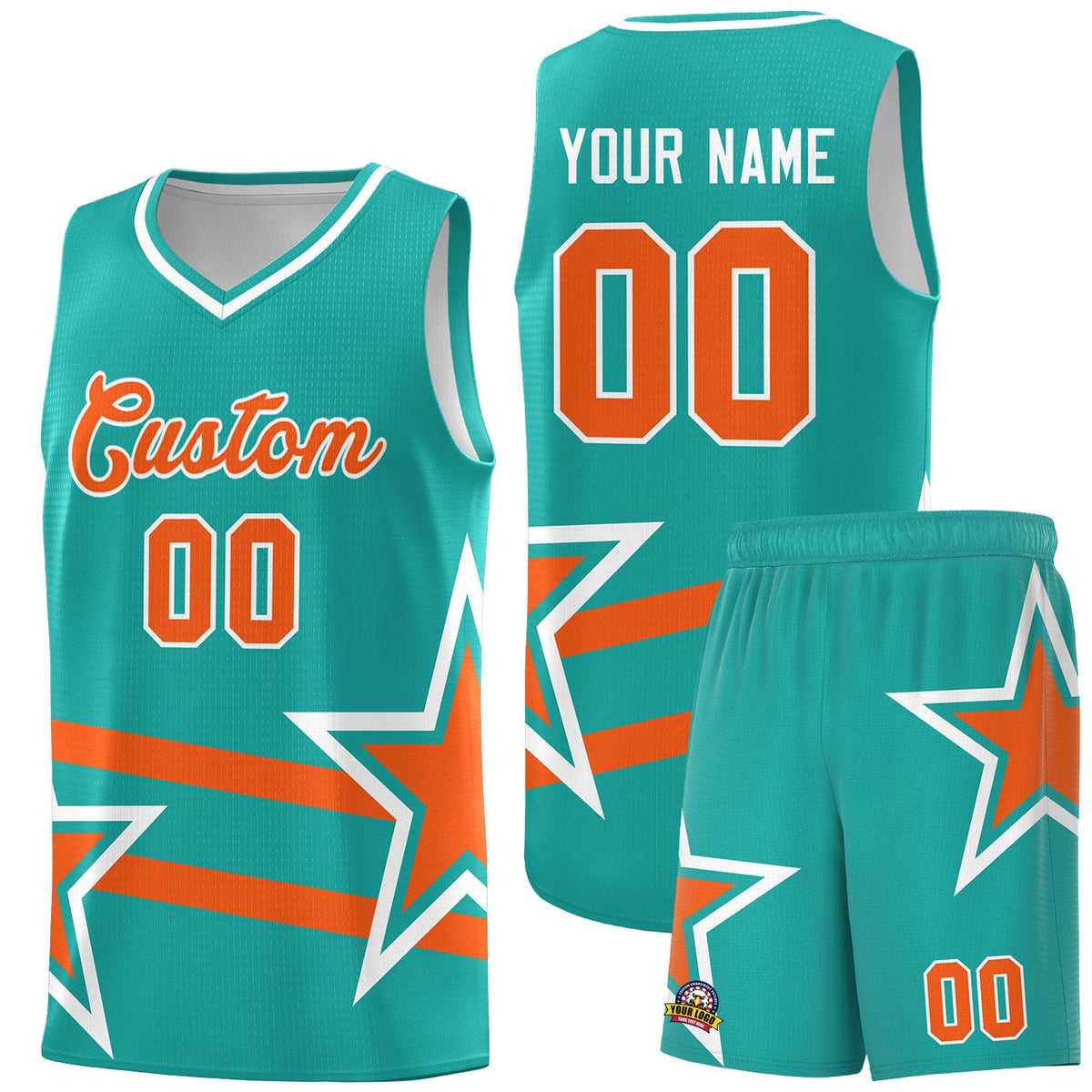 Custom Aqua Basketball Kits With Orange Star Pattern And Double Lines
