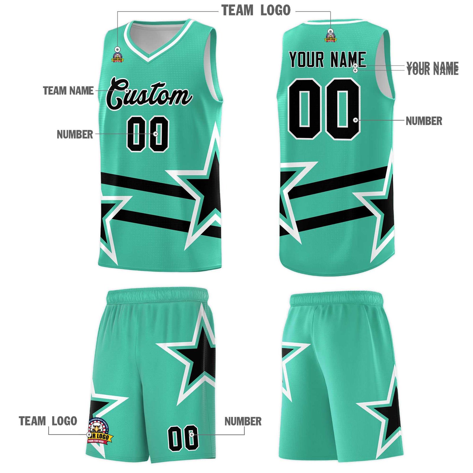 Custom Bright Green Basketball Kits With Black Star Pattern And Double Lines