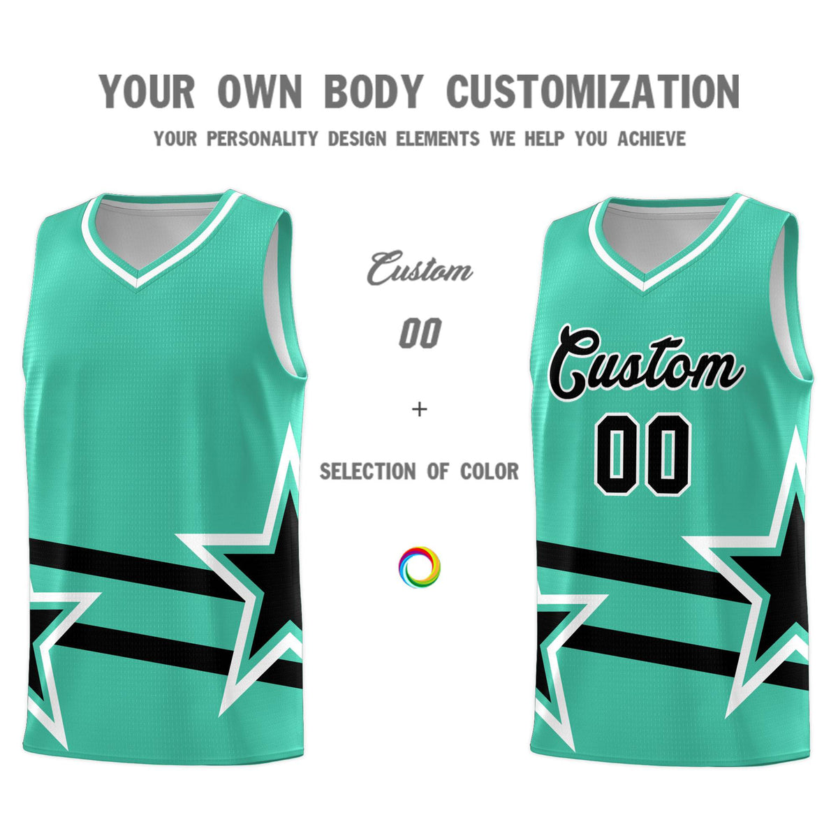 Custom Bright Green Basketball Kits With Black Star Pattern And Double Lines