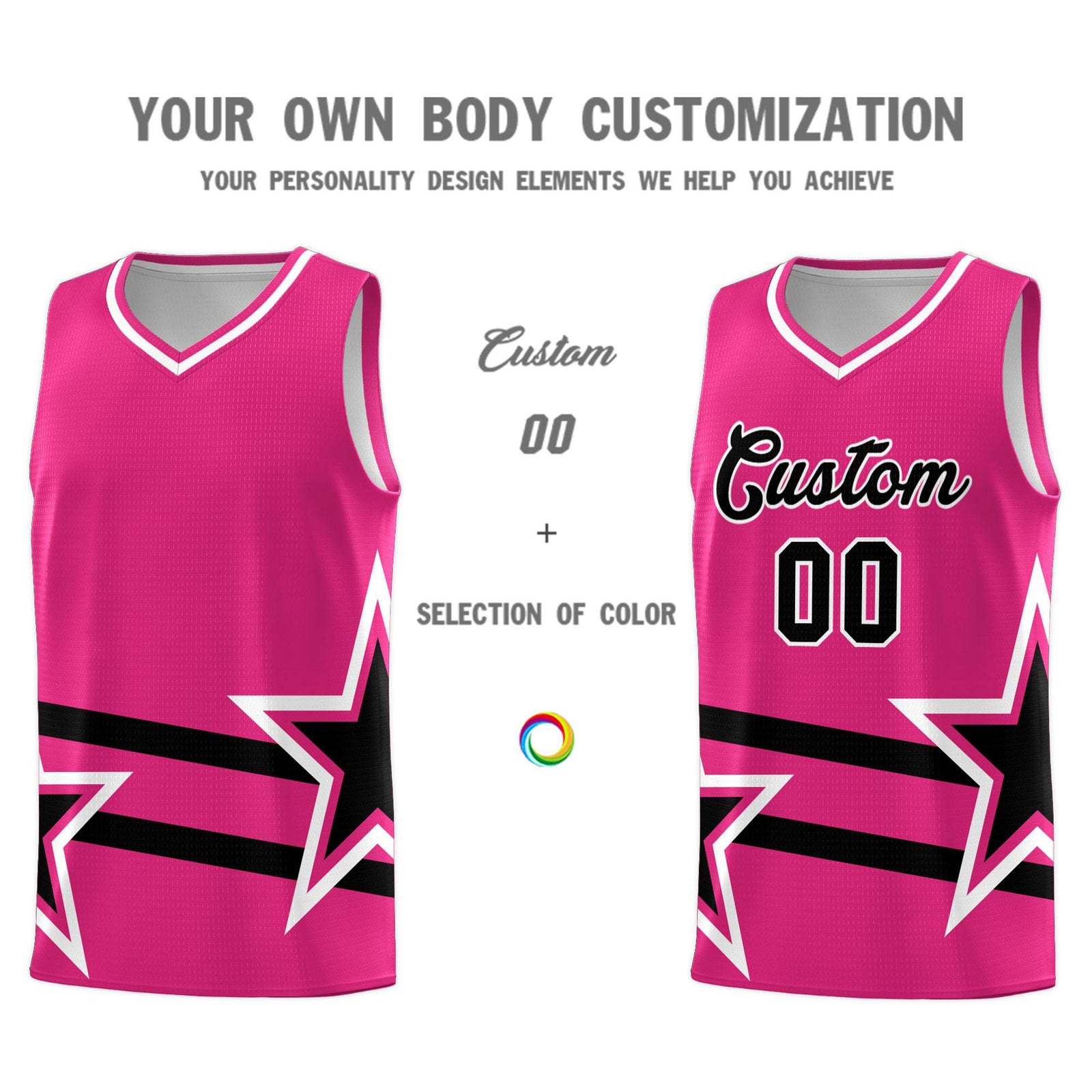 Custom Rose Red Basketball Kits With Black Star Pattern And Double Lines