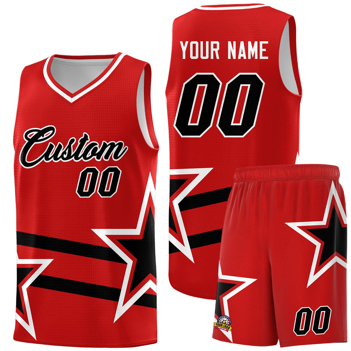 Custom Red Basketball Kits With Black Star Pattern And Double Lines