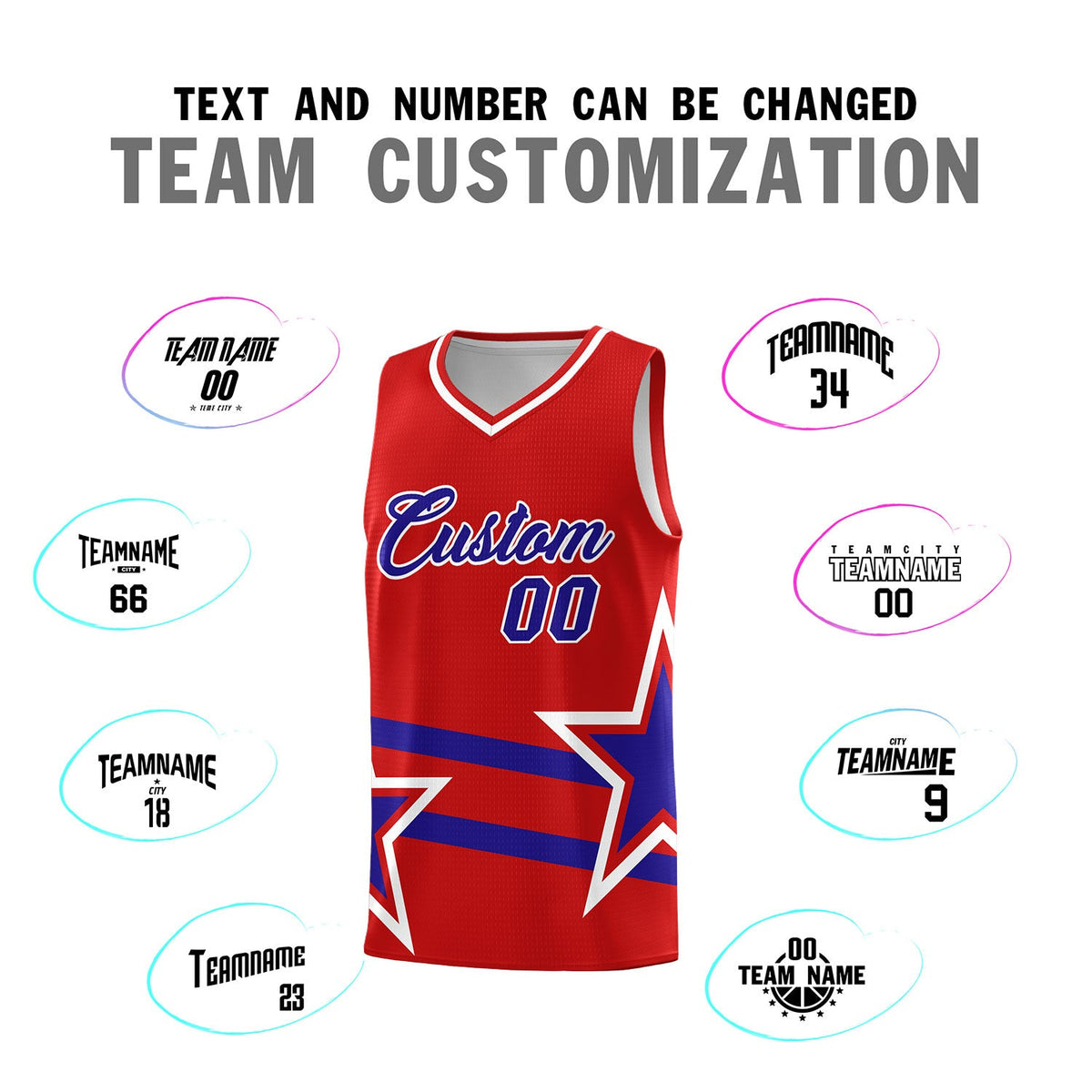Custom Red Basketball Kits With Royal Star Pattern And Double Lines