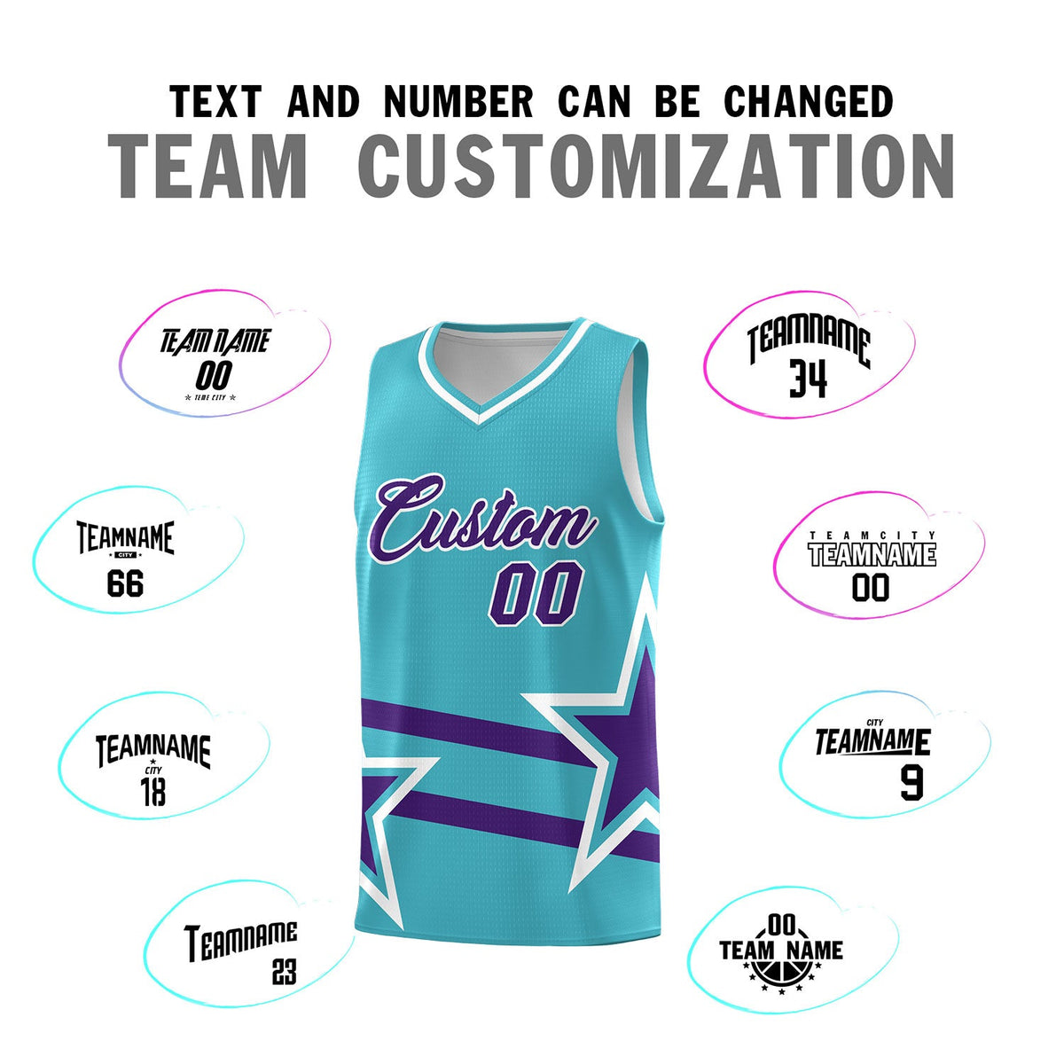 Custom Sky Blue Basketball Kits With Purple Star Pattern And Double Lines