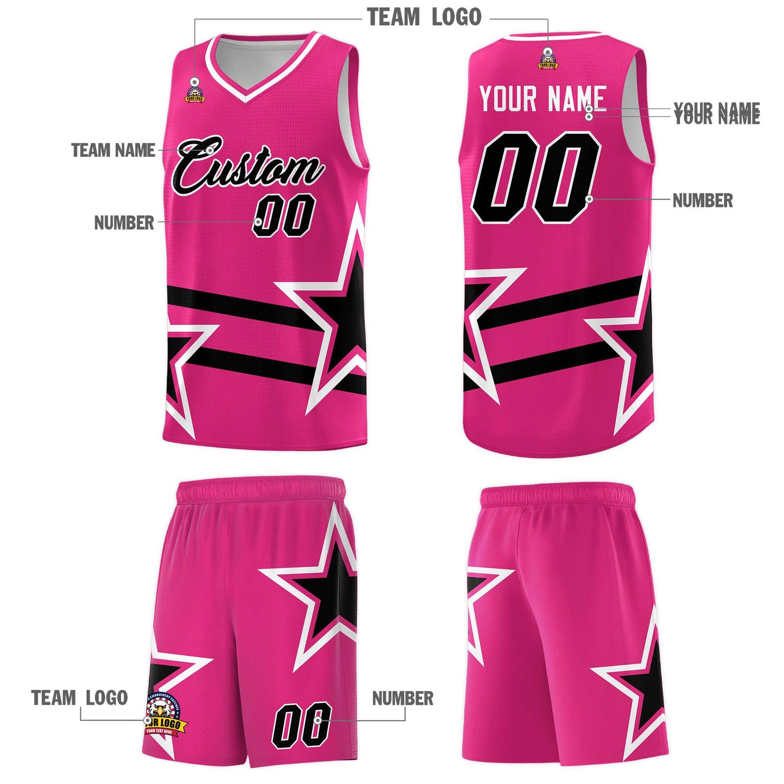 Custom Rose Red Basketball Kits With Black Star Pattern And Double Lines