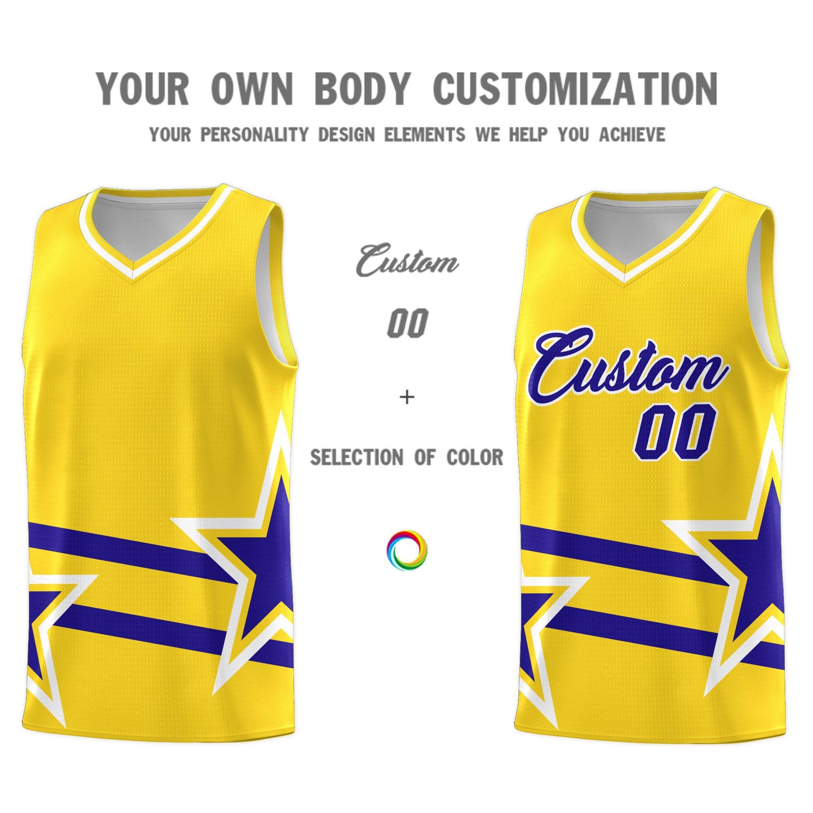 Custom Gold Basketball Kits With Royal Star Pattern And Double Lines