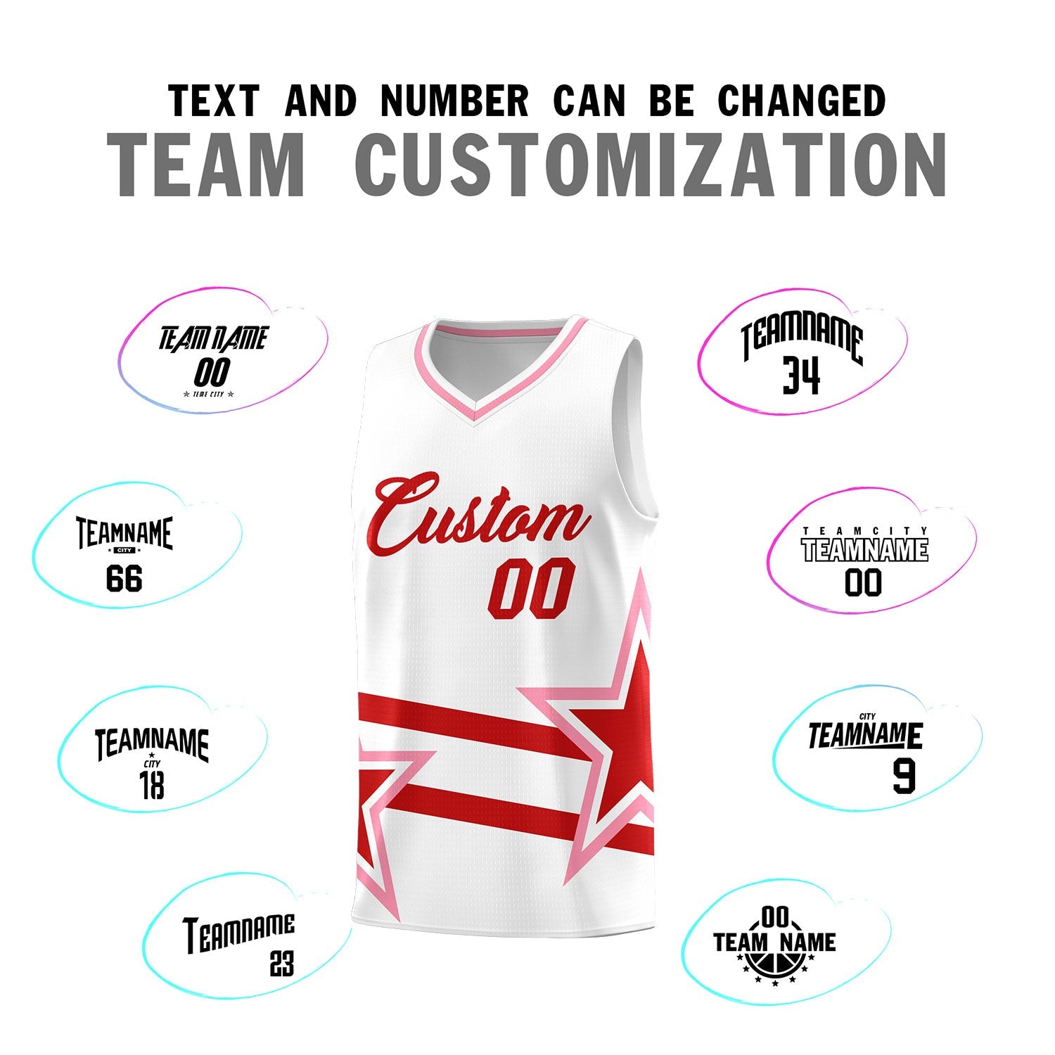 Custom White Basketball Kits With Red Star Pattern And Double Lines