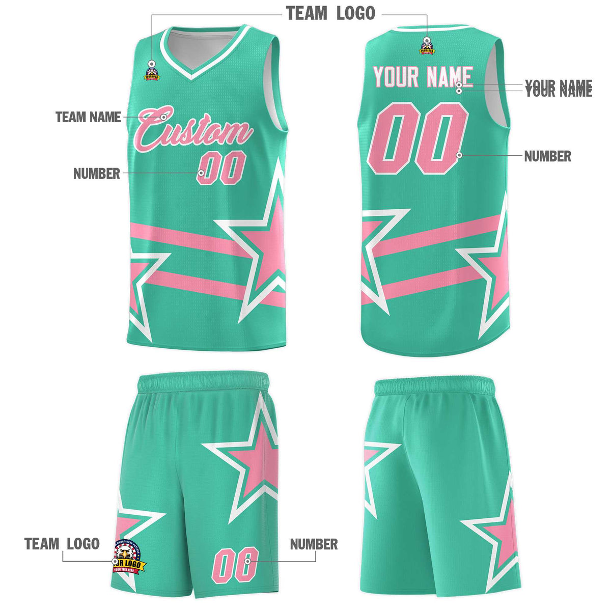 Custom Bright Green Basketball Kits With Light Pink Star Pattern And Double Lines