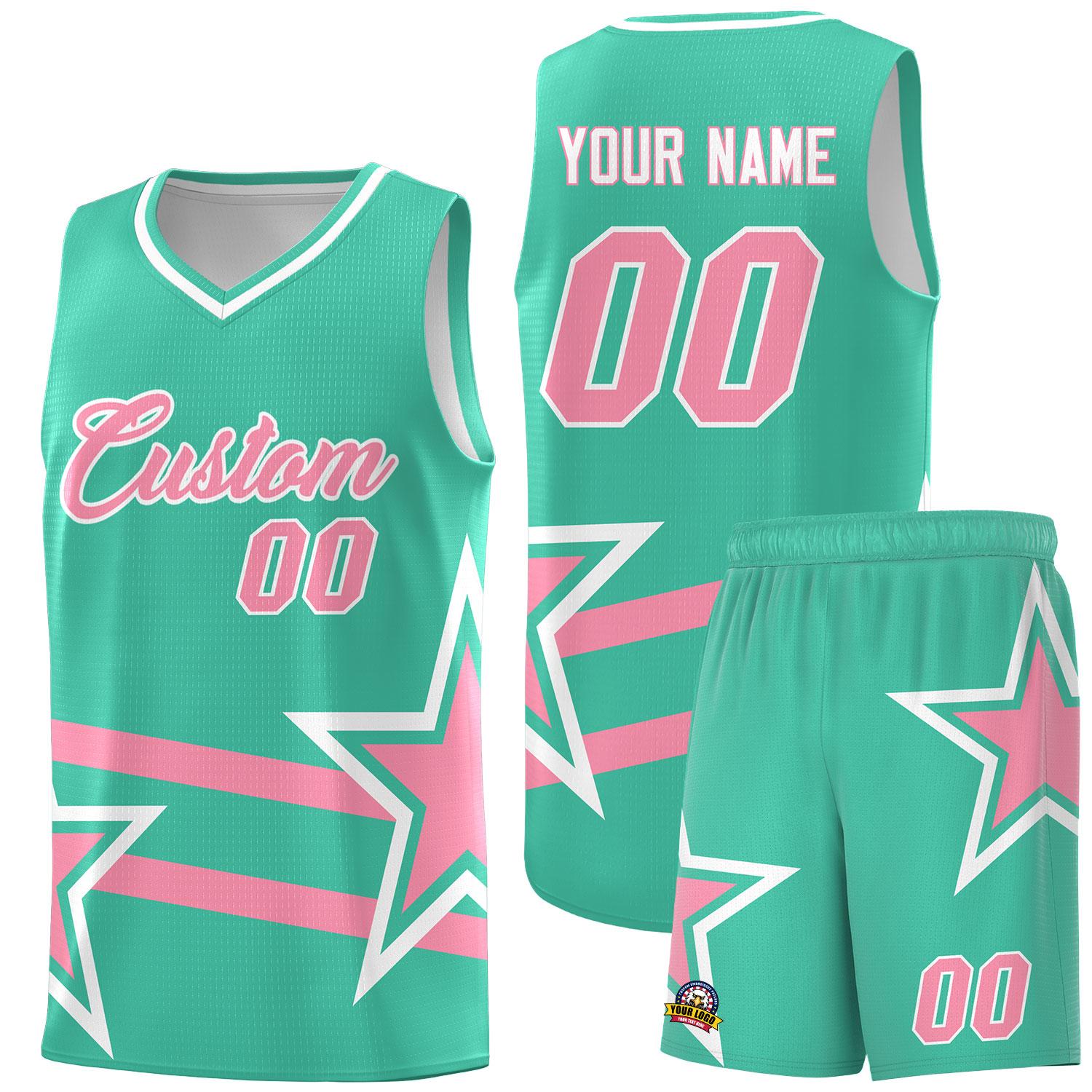Custom Bright Green Basketball Kits With Light Pink Star Pattern And Double Lines