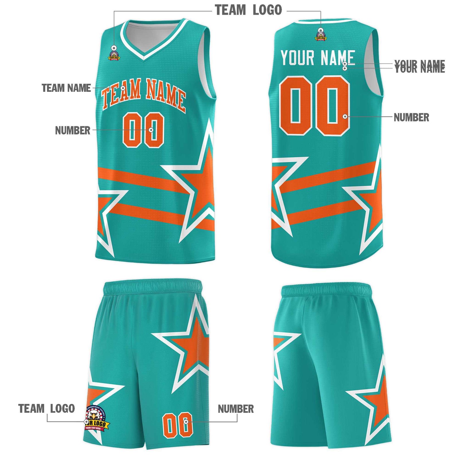 Custom Aqua Basketball Kits With Orange Star Pattern And Double Lines