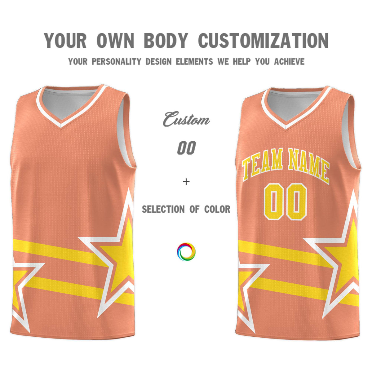 Custom Light Orange Basketball Kits With Gold Star Pattern And Double Lines