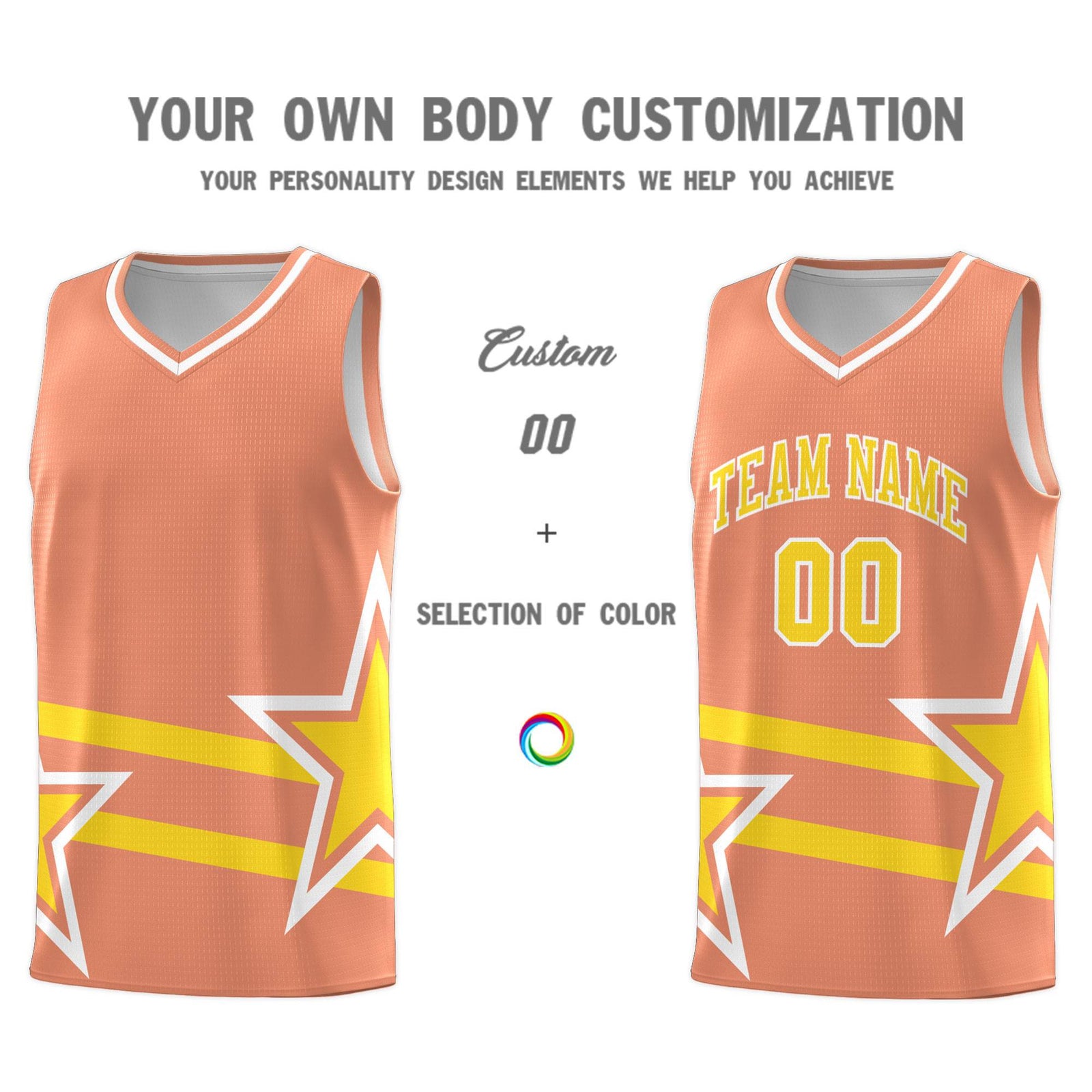 Custom Light Orange Basketball Kits With Gold Star Pattern And Double Lines