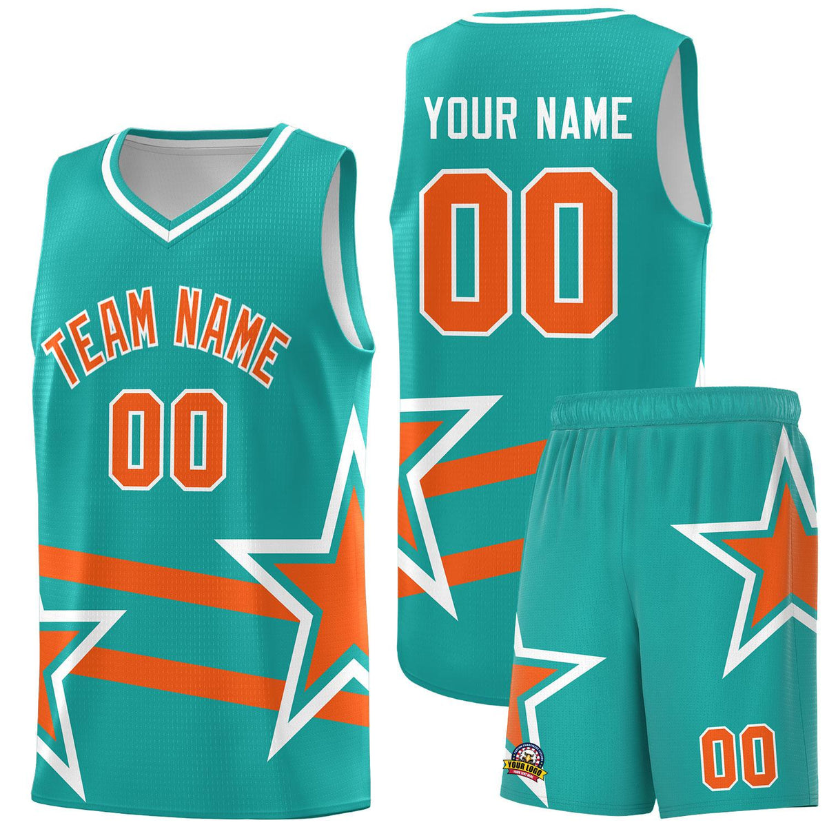 Custom Aqua Basketball Kits With Orange Star Pattern And Double Lines