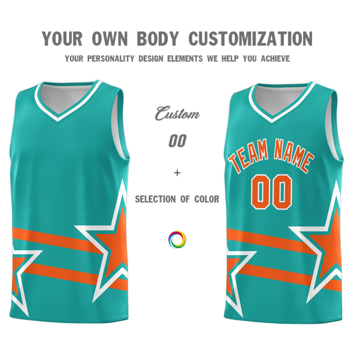 Custom Aqua Basketball Kits With Orange Star Pattern And Double Lines