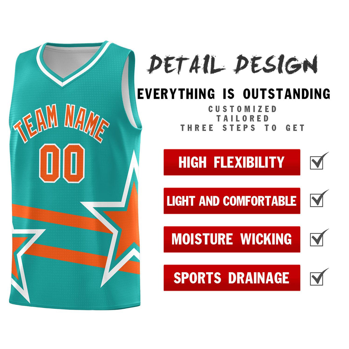 Custom Aqua Basketball Kits With Orange Star Pattern And Double Lines