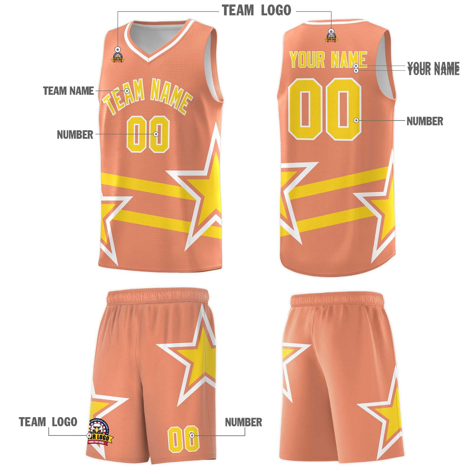Custom Light Orange Basketball Kits With Gold Star Pattern And Double Lines