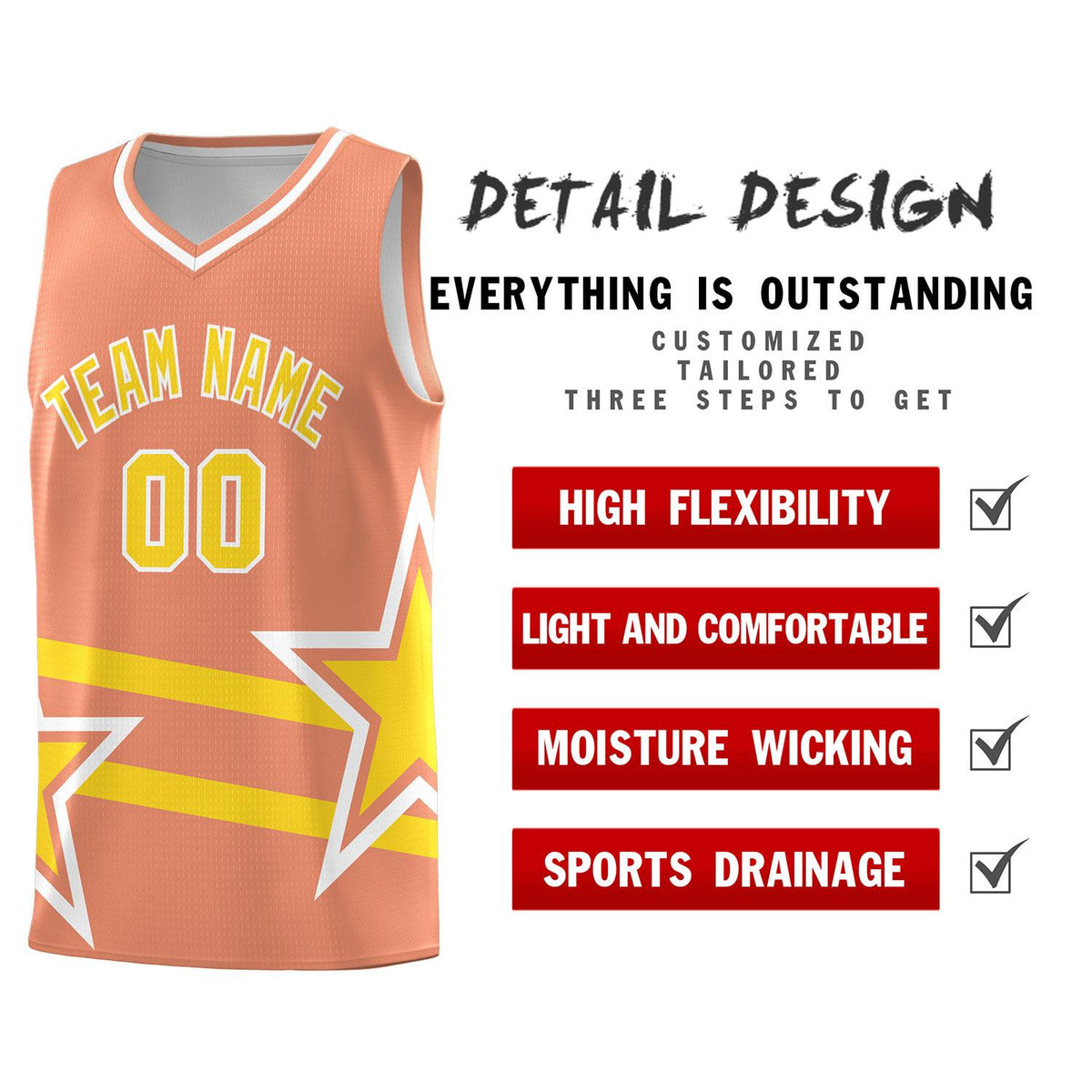 Custom Light Orange Basketball Kits With Gold Star Pattern And Double Lines