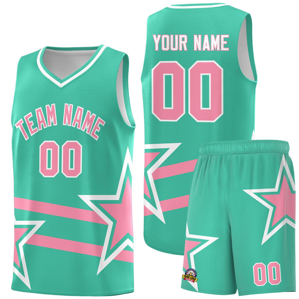 Custom Bright Green Basketball Kits With Light Pink Star Pattern And Double Lines