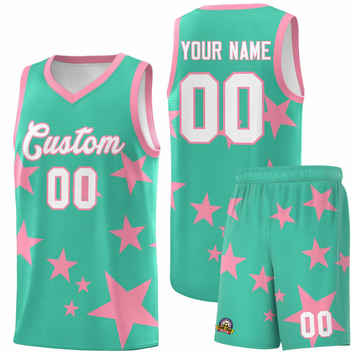 Custom Bright Green Light Pink Graffiti Pattern Star Print Basketball Jersey Sets