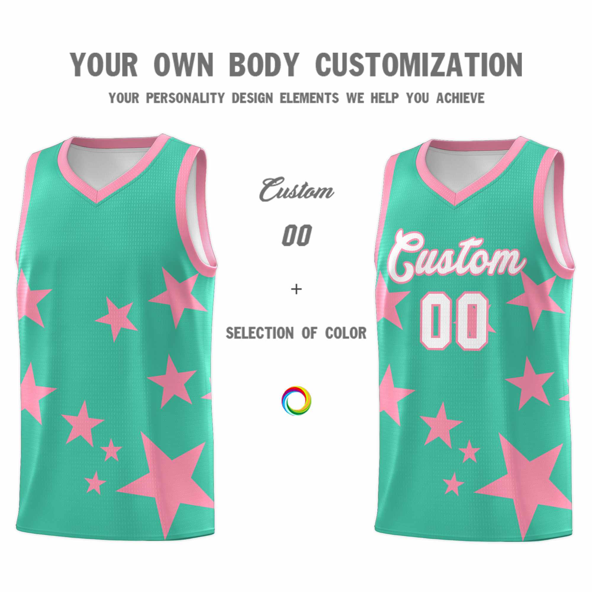 Custom Bright Green Light Pink Graffiti Pattern Star Print Basketball Jersey Sets