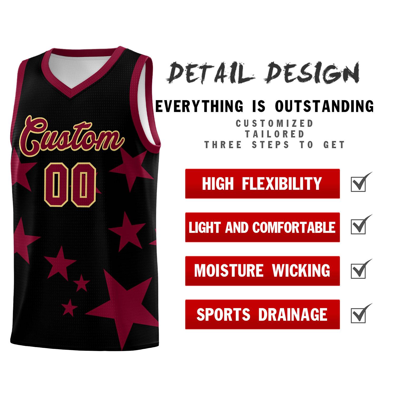 Custom Black Crimson Graffiti Pattern Star Print Basketball Jersey Sets