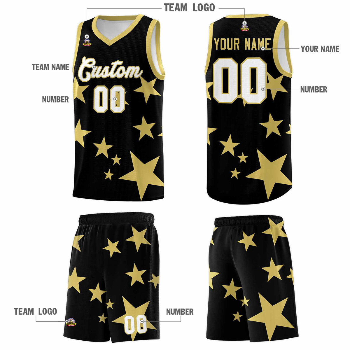 Custom Black Old Gold Graffiti Pattern Star Print Basketball Jersey Sets