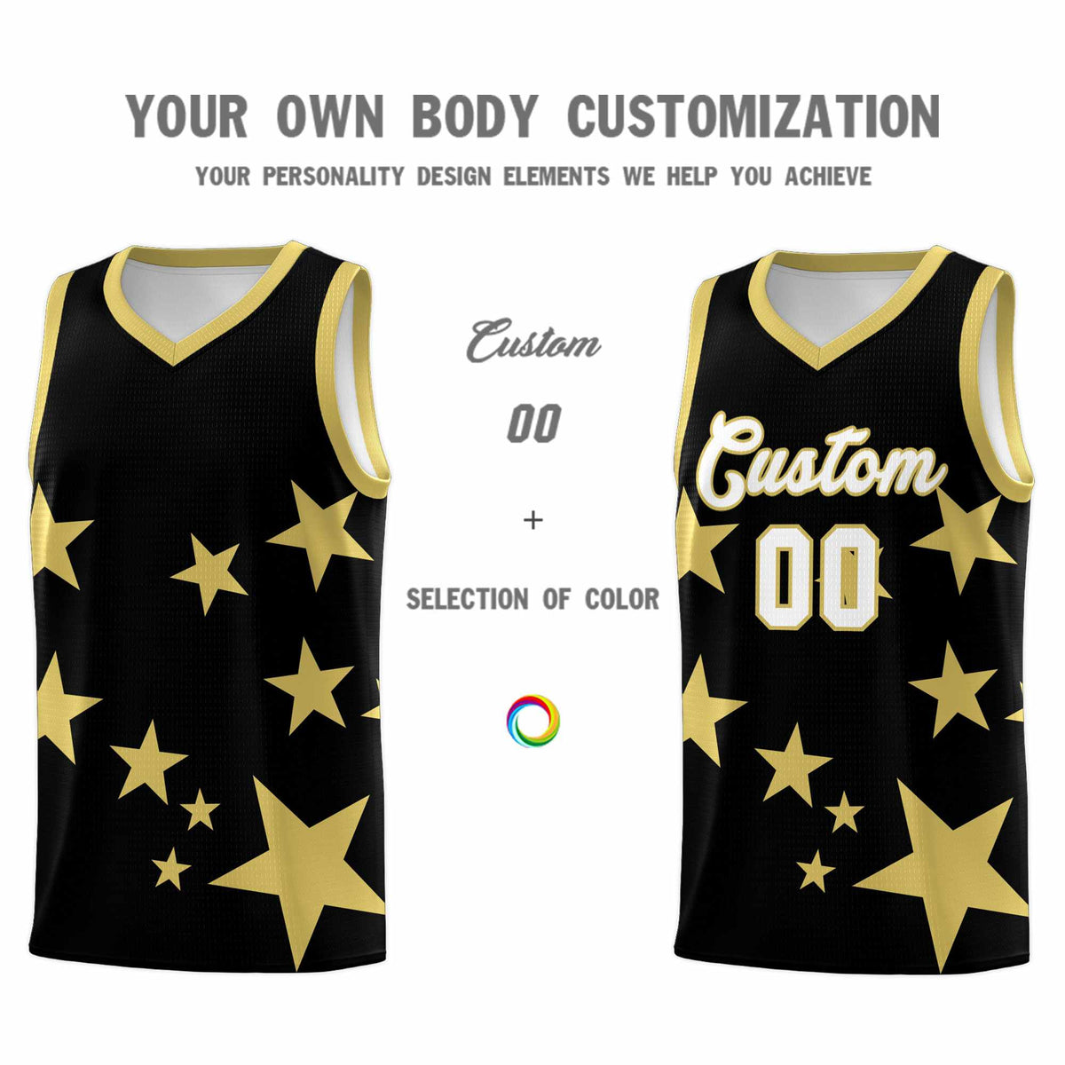 Custom Black Old Gold Graffiti Pattern Star Print Basketball Jersey Sets