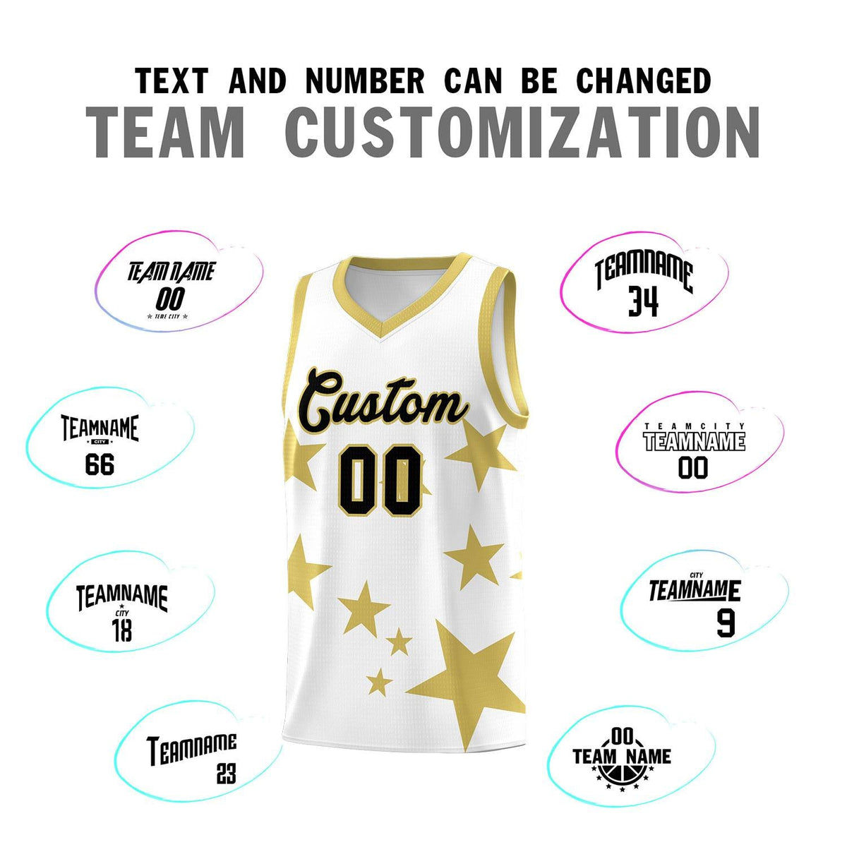 Custom White Old Gold Graffiti Pattern Star Print Basketball Jersey Sets